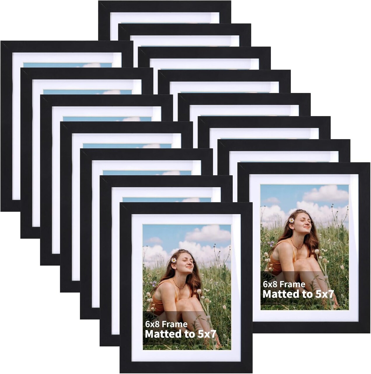 5x7 Picture Frames with Mat Set of 15, Black Wood Photo Frames Bulk Pack, Display 5x7 Photos with Mat or 6x8 Without Mat, MDF Wood Multi Matted Frames for Wall & Tabletop Gallery Display